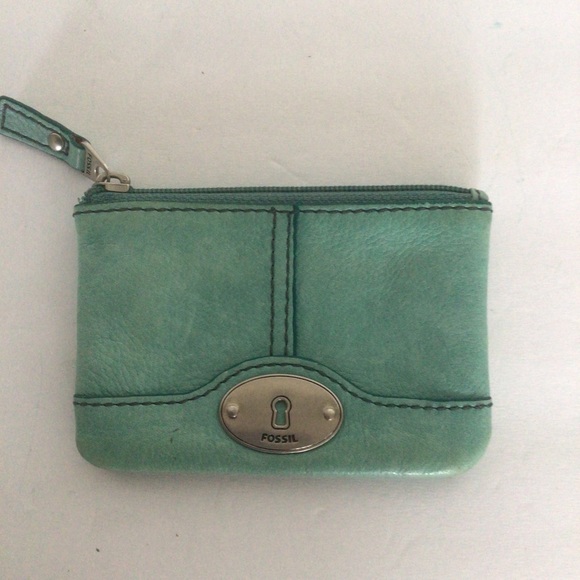 FOSSIL BLUE GREEN LEATHER ZIPPERED CARD CASE - Picture 2 of 13